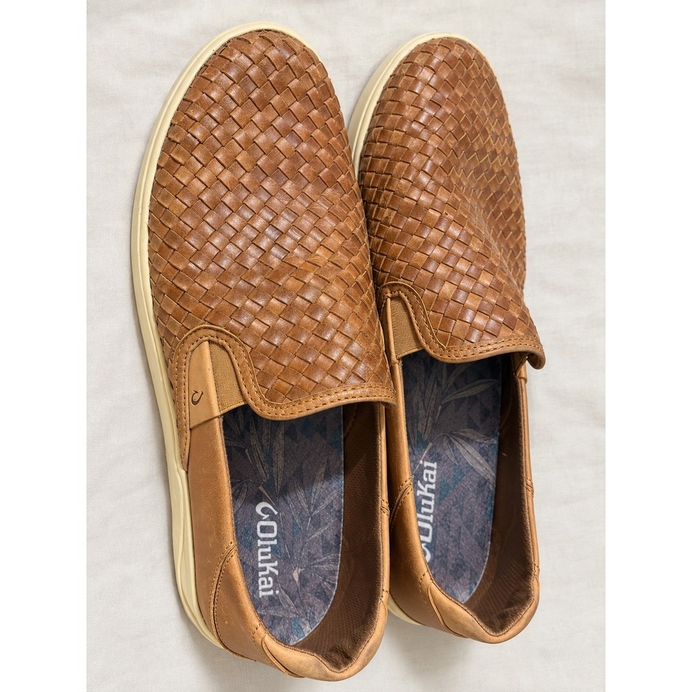 OluKai Lae'ahi Lauhala Men 10.5 Fox Brown Woven Leather Slip On Sneakers 10486